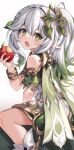  1girl apple blush cape food fruit genshin_impact gradient_hair green_cape green_eyes green_sleeves hair_ornament highres holding holding_food holding_fruit looking_at_viewer multicolored_hair nahida_(genshin_impact) open_mouth pointy_ears ripnte side_ponytail white_footwear white_hair 