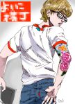  1boy arm_behind_back arm_tattoo blonde_hair blue_eyes censored_text denim from_behind glasses half-closed_eyes holding irezumi jeans kaneoya_sachiko looking_at_viewer looking_back male_focus open_mouth original pants short_hair short_sleeves solo tattoo 