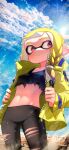  1girl agent_3_(splatoon_3) blonde_hair blue_sky braid breasts cloud cloudy_sky crop_top day desert eyebrow_cut highres inkling inkling_girl jacket kashu_(hizake) midriff open_clothes open_jacket outdoors pants pointy_ears red_eyes side_braid sky small_breasts solo splatoon_(series) splatoon_3 sunlight sweat tentacle_hair torn_clothes torn_pants yellow_jacket yoga_pants 