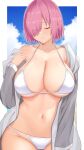  1girl arind_yudha bangs bikini blush breasts cleavage closed_eyes closed_mouth collarbone eyes_visible_through_hair fate/grand_order fate_(series) hair_over_one_eye highres large_breasts long_sleeves mash_kyrielight navel off_shoulder outdoors pink_hair short_hair single_bare_shoulder solo swimsuit underboob white_bikini 
