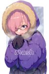  1girl bangs belt black_gloves character_name echo_(circa) fate/grand_order fate_(series) glasses gloves hair_over_one_eye hood hooded_jacket jacket light_purple_hair long_sleeves mash_kyrielight open_mouth pouch purple_eyes purple_jacket short_hair solo 