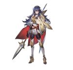  1girl armor bangs blue_eyes blue_hair breasts commentary_request fire_emblem fire_emblem_awakening fire_emblem_heroes full_body highres long_hair lucina_(fire_emblem) mizutama_(mao11260510) official_art polearm simple_background solo spear standing weapon white_background 