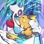  2022 ambiguous_gender anthro cave crystal detailed_background duo finger_on_chin froslass generation_1_pokemon generation_4_pokemon hand_holding hi_res ice ice_cave jellli light light_beam looking_at_another nintendo pokemon pokemon_(species) raichu shaded snow tail_around_partner video_games 