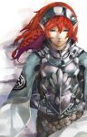  1girl armor blazpu blue_eyes braid breastplate character_request full_armor headwear_removed helmet helmet_removed highres holding holding_helmet long_hair pauldrons plate_armor pointy_ears project_re_fantasy red_hair shoulder_armor soejima_shigenori_(style) solo white_background 