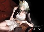  1girl arknights bag bangs black_background black_jacket breasts character_name cleavage collarbone commentary_request dress green_eyes grey_hair hair_between_eyes hand_up handbag highres jacket kal&#039;tsit_(arknights) looking_at_viewer medium_breasts meng_ziya parted_lips shoulder_bag simple_background solo white_dress 