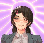  1girl black_hair chainsaw_man collared_shirt denim denim_jacket hair_ornament hairclip jacket light_rays long_hair looking_at_viewer masshumaro mitaka_asa pink_background red_eyes shirt simple_background smile smug solo sunbeam sunburst sunlight twintails twitter_username white_shirt 