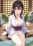  1girl absurdres arm_support breasts brown_hair cleavage highres japanese_clothes kimono large_breasts leaf_print long_hair long_sleeves looking_at_viewer okiq onsen original parted_lips red_sash sash sitting smile thighs water wet white_kimono yukata 