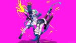  2girls arcane:_league_of_legends arcane_jinx blue_hair braid celebration crossover cyberpunk_(series) cyberpunk_edgerunners green_hair highres jinx_(league_of_legends) league_of_legends long_hair multiple_girls official_art pink_background rebecca_(cyberpunk) twin_braids upside-down 