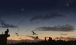  2018 animal bird blue_sky cat chinese_commentary city_lights cityscape cliff cloud cloudy_sky dark_clouds dated evening flying gradient_sky highres landscape mixed-language_commentary moon multicolored_sky no_humans orange_sky original scenery shuang_zhi signature silhouette sitting sky star_(sky) sunset twilight wide_shot 