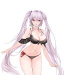  1girl :o absurdres bare_shoulders bikini black_bikini cowboy_shot front-tie_bikini_top front-tie_top grey_hair highres lillly long_hair looking_at_viewer navel off-shoulder_bikini off_shoulder original parted_lips pink_eyes sidelocks simple_background solo stomach swimsuit thighs twintails very_long_hair white_background 