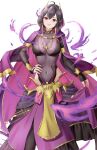  1girl absurdres aged_up alternate_costume amayo_thranana black_hair breasts cleavage corruption covered_navel dark_persona energy fire_emblem fire_emblem_awakening grima_(fire_emblem) head_tilt highres large_breasts looking_at_viewer magic morgan_(fire_emblem) morgan_(fire_emblem)_(female) purple_eyes short_hair solo white_background 