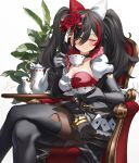  1girl ;) bangs black_choker black_gloves black_hair black_thighhighs blush bow brown_eyes card choker closed_mouth crossed_legs cup elbow_gloves feet_out_of_frame flower gloves hair_between_eyes hair_bow hair_flower hair_ornament highres hololive kito_koruta long_hair one_eye_closed ookami_mio pantyhose plant playing_card puffy_short_sleeves puffy_sleeves red_flower red_hair red_rose rose short_sleeves simple_background sitting smile solo tail tea_set teacup teapot thighhighs twintails virtual_youtuber white_background wolf_tail 