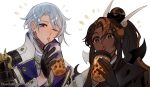  1boy 1girl armor artist_name bangs black_gloves black_hair black_robe blue_hair brown_eyes brown_hair bubble_tea caramel_arrow_cookie cioccolatodorima commentary cookie_run crossover cup dark-skinned_female dark_skin disposable_cup drinking drinking_straw english_commentary genshin_impact gloves hair_between_eyes hair_ornament half_gloves happy_aura high_ponytail holding holding_cup horn_ornament horns humanization jacket japanese_armor japanese_clothes kamisato_ayato kimono lapels light_blue_hair long_hair looking_at_viewer medium_hair mole mole_under_mouth multicolored_clothes multicolored_hair one_eye_closed parted_bangs purple_eyes robe shoulder_armor simple_background sode streaked_hair tassel trait_connection two-tone_hair upper_body white_background white_jacket 