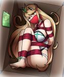  1girl ass bangs bare_shoulders barefoot bdsm blonde_hair bondage bound box breasts cleavage cloth_gag english_text gag gagged glaring gold_headwear hair_between_eyes highres improvised_gag in_box in_container long_hair magnolia-baillon mythra_(radiant_beach)_(xenoblade) mythra_(xenoblade) one-piece_swimsuit over_the_nose_gag paper red_rope rope shibari swimsuit thigh_strap thighs tiara tied_up_(nonsexual) white_one-piece_swimsuit xenoblade_chronicles_(series) xenoblade_chronicles_2 yellow_eyes 