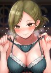  1girl absurdres bare_shoulders blurry blush bow bow_bra bow_panties bra breasts breath cleavage closed_mouth collarbone commentary_request depth_of_field folded_ponytail green_bra green_eyes green_hair green_panties heart heart_print highres holding holding_clothes holding_panties holding_underwear idolmaster idolmaster_shiny_colors lace-trimmed_bra lace-trimmed_panties lace_trim large_breasts lingerie looking_at_viewer mebunryo_(mebunryo2) nanakusa_hazuki night nose_blush office panties revision smile solo underwear upper_body 
