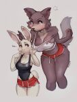  5_fingers anthro beastars big_breasts blush bottomwear breasts brown_body brown_fur canid canine canis claws cleavage clothed clothing clothing_pull digital_media_(artwork) duo eyelashes female fingers fur haru_(beastars) hi_res juno_(beastars) lagomorph larger_female leporid looking_back mammal midriff one-piece_swimsuit pulling_clothing rabbit red_bottomwear red_clothing red_shorts shirt shirt_pull shorts simple_background size_difference smaller_female smile spuydjeks swimwear tank_top topwear topwear_pull white_body white_clothing white_fur white_shirt white_tank_top white_topwear wolf 
