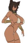  1girl animal_ears arm_strap bangs bastet_(houtengeki) bikini bracer breasts brown_hair cat_ears dark-skinned_female dark_skin earrings egyptian flat_color from_side highres houtengeki huge_breasts jewelry looking_at_viewer medium_hair micro_bikini navel original red_eyes sideboob simple_background single_earring skindentation solo standing strap_gap swimsuit thigh_strap thighs underboob usekh_collar white_background white_bikini 