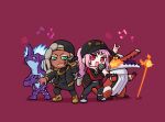  2girls \m/ baseball_cap black_jacket dark-skinned_female dark_skin digua_qiu earrings green_eyes grey_hair hat hololive hololive_english jacket jewelry long_hair microphone mori_calliope multiple_girls musical_note pink_hair pokemon pokemon_(creature) pokemon_(game) pokemon_sv ponytail purple_background rapping red_eyes ryme_(pokemon) skeledirge toxtricity toxtricity_(low_key) virtual_youtuber 