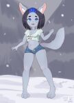  2020 anthro barefoot black_hair blue_eyes blue_hair bottomwear breasts chest_tuft clothed clothing dated feet female full-length_portrait fur glistening glistening_eyes grey_body grey_ears grey_fur grey_tail hair hi_res hotpants isyld looking_at_viewer portrait shorts signature simple_background small_breasts solo species_request standing topwear tuft 