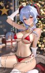  1girl absurdres alternate_costume arm_behind_back arm_behind_head arm_up artist_name bangs bare_shoulders bell bikini blue_hair blurry blurry_background bokeh box breasts christmas_lights christmas_present christmas_tree closed_mouth collar commentary cowbell depth_of_field detached_collar elbow_gloves english_commentary fur-trimmed_bikini fur-trimmed_gloves fur_trim ganyu_(genshin_impact) genshin_impact gift gift_box gloves goat_horns gradient_eyes halterneck highres horn_ornament horns indoors large_breasts linea_alba long_hair looking_at_viewer micro_bikini multicolored_eyes navel neck_bell orange_eyes red_bikini red_eyes red_footwear renberry rug santa_bikini shoes sidelocks sitting sneakers solo star_(symbol) stomach string_bikini swimsuit thighhighs thighs white_collar white_thighhighs 