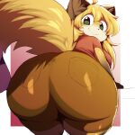  anthro big_butt blonde_hair bottomwear breasts butt clothing domestic_cat felid feline felis female green_eyes hair hi_res huge_butt looking_at_viewer looking_back mammal shirt shorts smile solo thick_thighs topwear trinity-fate62 wide_hips yellow_body 