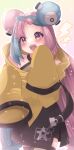  1girl :d absurdres aqua_hair bangs blush character_hair_ornament commentary_request hair_ornament happy highres iono_(pokemon) jacket long_hair multicolored_hair open_mouth pink_hair pokemon pokemon_(game) pokemon_sv sharp_teeth sleeves_past_fingers sleeves_past_wrists smile solo star_(symbol) star_print teeth two-tone_hair upper_teeth yahagi_(yui1251) yellow_jacket 