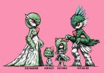  4others absurdres arms_at_sides bangs blacknirrow blue_hair bob_cut body_fur bowl_cut character_name commentary covered_eyes english_commentary english_text evolutionary_line feathers full_body gallade gardevoir green_fur green_hair hair_over_eyes hair_over_one_eye hands_up highres kirlia mohawk multicolored_hair multiple_others no_humans no_mouth one_eye_covered other_focus pink_background pokedex_number pokemon pokemon_(creature) ralts realistic short_hair sidelocks simple_background sketch two-tone_fur two-tone_hair white_fur 
