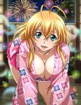  1girl :d antenna_hair aqua_eyes bangs bent_over blonde_hair breasts cleavage collarbone fang fireworks hair_between_eyes ikkitousen japanese_clothes kimono large_breasts lens_flare long_hair long_sleeves looking_at_viewer miniskirt open_mouth pink_skirt pleated_skirt print_kimono shiny shiny_hair skirt smile solo sonsaku_hakufu sparkle straight_hair very_long_hair 