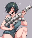  1girl beer_can black_hair blush breasts can chainsaw_man curly_hair drunk emphasis_lines eyepatch green_eyes grey_background grey_tank_top highres himeno_(chainsaw_man) holding holding_can large_breasts looking_to_the_side makeshift_gun open_mouth short_hair shorts simple_background solo tank_top yagi_ramune 