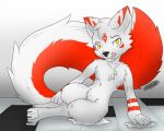  anthro bodily_fluids canid canine canis changed_(video_game) darkholm1 fur goo_creature licking male mammal red_body solo tongue tongue_out white_body 