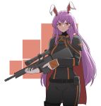  1girl animal_ears black_bodysuit bodysuit expressionless gun highres holding holding_gun holding_weapon lobotomy_corporation long_hair mata_(matasoup) project_moon purple_hair rabbit_ears red_eyes reisen_udongein_inaba solo sr-25 touhou weapon weapon_request white_background 