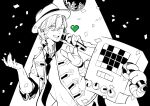  1boy ;d collared_shirt confetti crossover disco_ball fedora greyscale hair_between_eyes hat heart holding holding_microphone jacket kotobuki_reiji looking_at_viewer male_focus mettaton microphone mofmofqueue monochrome necktie one_eye_closed open_collar robot shirt short_hair smile spot_color spotlight undertale upper_body uta_no_prince-sama 