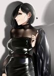  1girl absurdres black_eyes black_hair blush bodystocking breasts cleavage grin heart highres jacket jacket_removed looking_at_viewer medium_hair mole original pupi_(rain_prophet) skirt smile solo strapless tube_top 