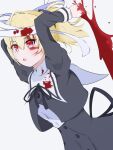  1girl ahoge andou_tazusa arms_behind_head arms_up assault_lily bandaged_head bandages bangs black_ribbon black_skirt blonde_hair blood blood_on_bandages blood_on_clothes blood_on_face blood_on_hands blood_sword body_part_swap buttons commentary_request grey_background hair_between_eyes hair_ribbon high-waist_skirt highres holding holding_sword holding_weapon juliet_sleeves long_sleeves looking_away neck_ribbon ponytail puffy_sleeves purple_ribbon red_eyes ribbon school_uniform shirt short_hair simple_background skirt solo sora_umi_ao standing sword upper_body v-shaped_eyebrows weapon white_shirt yurigaoka_girls_academy_school_uniform 
