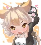  1girl animal_costume animal_ear_fluff animal_ears bare_shoulders black_jacket blonde_hair coyote_(kemono_friends) extra_ears gloves jacket kemono_friends kemono_friends_v_project looking_at_viewer open_mouth sarutori shirt short_hair simple_background skirt solo virtual_youtuber white_shirt wolf_costume wolf_ears wolf_girl yellow_eyes yellow_gloves 