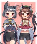  2girls :&lt; :3 :d animal_ear_fluff animal_ears bike_shorts blush border brown_hair capelet cat_ears cat_tail chen clothes_lift dress dress_lift earrings green_headwear grey_hair hat heart highres ibaraki_natou jewelry lifted_by_another lifted_by_self mouse_ears mouse_tail multiple_girls multiple_tails nazrin nekomata notice_lines outside_border pink_background shorts single_earring skirt skirt_hold skirt_lift smile squiggle tail touhou two_tails white_border 