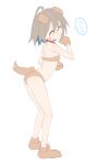  1girl :3 animal_ears animal_hands arched_back ass back bandaid bandaid_on_face bandaid_on_nose bikini breasts brown_bikini brown_hair closed_eyes do_it_yourself!! dog_ears dog_tail fake_animal_ears fake_tail gloves highres paw_gloves paw_shoes simple_background sincos small_breasts smile solo speech_bubble swimsuit tail translation_request white_background yua_serufu 