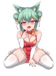  absurd_res animal_humanoid asian_clothing blush breasts chinese_clothing chinese_dress cleavage clothed clothing collar dress east_asian_clothing female green_hair hair hi_res humanoid kim_wang_jyang legwear solo thigh_highs young 