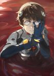  1boy blood brown_hair fadingz frown hand_up highres ikari_shinji interface_headset male_focus neon_genesis_evangelion partially_submerged plugsuit pool_of_blood red_eyes scared short_hair solo wide-eyed 