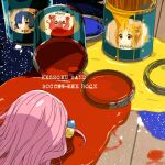  1girl absurdres album_cover album_cover_redraw bocchi_the_rock! bucket bucket_spill cover derivative_work face_down gotou_hitori goumonsha highres ijichi_nijika kita_ikuyo long_hair lying on_floor on_stomach paint paint_can paint_splatter parody pink_hair solo spill yamada_ryou 