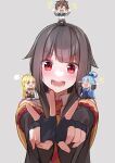  1boy 3girls :d absurdres aqua_(konosuba) beer_mug black_gloves black_sleeves blonde_hair blue_eyes braid brown_hair closed_eyes collared_shirt crying cup darkness_(konosuba) detached_sleeves fingerless_gloves gloves grey_background highres holding kono_subarashii_sekai_ni_shukufuku_wo! long_hair long_sleeves looking_at_viewer megumin mug multiple_girls necktie ponytail red_eyes sarasara_shoyu satou_kazuma shiny shiny_hair shirt sketch smile striped_necktie tears upper_body white_shirt wing_collar 