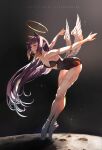  1girl absurdres ballerina ballet_slippers bare_shoulders blue_eyes en_pointe feathered_wings gradient_hair halo highres hololive hololive_english littlemisstina long_hair low_wings multicolored_hair ninomae_ina&#039;nis orange_hair pointy_ears purple_hair sidelocks single_thighhigh solo tentacle_hair thighhighs very_long_hair virtual_youtuber white_wings wings 