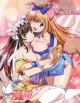  2girls :d animal_ears bangs blonde_hair blue_bow blue_eyes blue_kimono blunt_bangs bow breast_press breasts brown_eyes brown_hair cat_ears choker cleavage closed_mouth collarbone dog_tail fake_animal_ears fake_tail fang flat_chest floral_print frilled_choker frilled_skirt frills hair_bow hug ikkitousen japanese_clothes kan&#039;u_unchou kimono large_breasts long_hair looking_at_viewer miniskirt multiple_girls no_panties pink_skirt print_skirt shiny shiny_hair short_kimono side_slit skirt sleeveless sleeveless_kimono smile tail ten&#039;i_(ikkitousen) thighhighs very_long_hair white_thighhighs yellow_choker yuri 