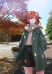  1girl absurdres akibin_(akibin_drawing) autumn bangs black_skirt blurry blurry_background brown_hair coat cropped_legs day green_coat grey_scarf hands_in_pockets highres higuchi_madoka idolmaster idolmaster_shiny_colors leaf noctchill_(idolmaster) open_clothes open_coat outdoors parted_lips purple_eyes scarf shirt short_hair skirt solo swept_bangs tree white_shirt 