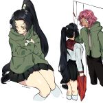  ! 1boy 1girl :o absurdres akashi_(akkasayu) akkasayu black_hair black_hoodie black_pants black_skirt blush borrowed_garments breasts brown_eyes brown_sweater dark-skinned_male dark_skin green_eyes highres holding holding_clothes holding_scarf hood hoodie long_hair looking_to_the_side medium_breasts open_mouth original pants ponytail pout ribbed_sweater sailor_collar sailor_shirt sayuri_(akkasayu) scarf shirt skirt socks sweater thick_thighs thighs turtleneck turtleneck_sweater twitter_username v-shaped_eyebrows very_long_hair white_shirt white_socks 