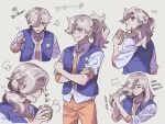  1boy alternate_hairstyle arven_(pokemon) bangs blue_vest brown_hair closed_eyes collared_shirt crossed_arms eating food hair_down hair_over_one_eye half_updo high_ponytail highres holding holding_food jeonjagolhaem long_hair male_focus multicolored_hair multiple_views naranja_academy_uniform necktie open_clothes open_vest orange_necktie pokemon pokemon_(game) pokemon_sv ponytail sandwich school_uniform shirt short_hair side_ponytail smile vest wet wet_hair white_shirt 