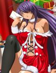  1girl antenna_hair black_thighhighs breasts christmas cleavage closed_mouth collarbone dress fur-trimmed_dress fur-trimmed_sleeves fur_trim grey_eyes hair_over_one_eye head_tilt holding holding_letter ikkitousen kan&#039;u_unchou large_breasts letter long_hair long_sleeves off-shoulder_dress off_shoulder purple_hair red_dress santa_costume shiny shiny_hair shiny_skin short_dress sitting smile solo thighhighs very_long_hair 