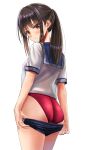  1girl black_hair blue_buruma blue_sailor_collar buruma buruma_pull commentary_request competition_swimsuit cowboy_shot from_behind highres long_hair looking_at_viewer looking_back one-piece_swimsuit original ponytail red_eyes red_one-piece_swimsuit sailor_collar sailor_shirt school_uniform serafuku shirt short_sleeves simple_background solo standing swimsuit swimsuit_under_clothes white_background yukemuriganmo 