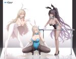  3girls absurdres akane_(blue_archive) akane_(bunny)_(blue_archive) animal_ears asuna_(blue_archive) asuna_(bunny)_(blue_archive) bangs black_footwear black_hair black_leotard black_pantyhose blonde_hair blue_archive blue_bow blue_bowtie blue_leotard blue_ribbon blush bow bowtie breasts chinese_commentary cleavage collarbone copyright_name dark-skinned_female dark_skin detached_collar fake_animal_ears fishnet_pantyhose fishnets forehead full_body glasses gloves grin hair_between_eyes hair_over_one_eye hair_ribbon hands_up high_heels high_ponytail highleg highleg_leotard highres huge_breasts kanon_(sinto) karin_(blue_archive) karin_(bunny)_(blue_archive) leaning_forward legs_apart legs_together leotard long_hair looking_at_viewer m_legs multicolored_hair multiple_girls official_alternate_costume pantyhose parted_bangs playboy_bunny purple_hair reflective_floor ribbon sagging_breasts shadow side-tie_leotard simple_background slit_pupils smile squatting standing strapless strapless_leotard streaked_hair thighs very_long_hair white_background white_footwear white_gloves white_leotard white_pantyhose wrist_cuffs yellow_eyes 