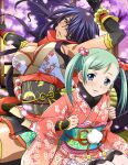  2girls alternate_costume aqua_hair black_gloves blue_eyes breasts cleavage earrings elbow_gloves floating_hair floral_print gloves grey_eyes hair_bobbles hair_ornament hair_over_one_eye ikkitousen japanese_clothes jewelry kan&#039;u_unchou kimono large_breasts long_hair long_sleeves looking_at_viewer magatama magatama_earrings multiple_girls obi petals pink_kimono print_kimono purple_hair red_scarf sash scarf shiny shiny_hair shiny_skin shokatsuryou_koumei short_kimono twintails very_long_hair wide_sleeves 